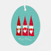 Drei Weihnachtsgnomen auf Aquamarinen Ornament Aus Metall (Vorderseite links)