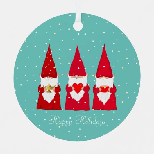 Drei Weihnachtsgnomen auf Aquamarinen Ornament Aus Metall (Vorderseite)