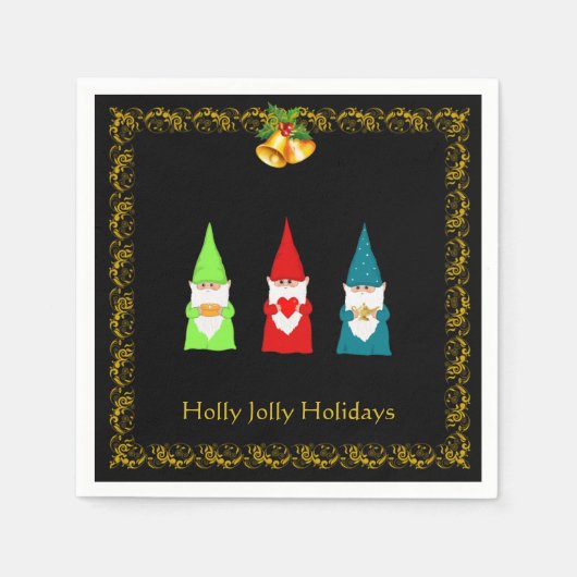 Drei Weihnachtsgnomen auf Schwarz Serviette (Vorderseite)