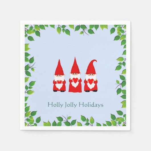 Drei Weihnachtsgnomen & Leaf Rahmen auf Light Blue Serviette (Vorderseite)