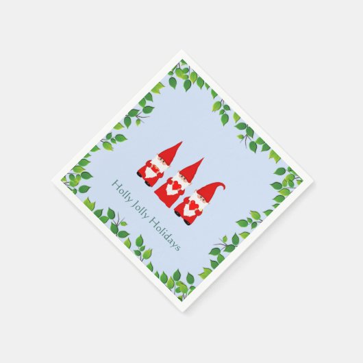 Drei Weihnachtsgnomen & Leaf Rahmen auf Light Blue Serviette (Ecke)