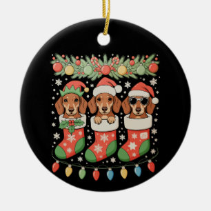Drei Weihnachtsmann-Elfen-Dachshund-Weihnachtsstrü Keramik Ornament