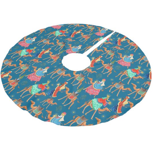Drei weise Männer Könige & Kamele blau überall Polyester Weihnachtsbaumdecke (Schrägansicht)