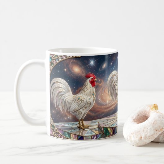 Drei weiße Hähne. Kaffeetasse (Mit Donut)