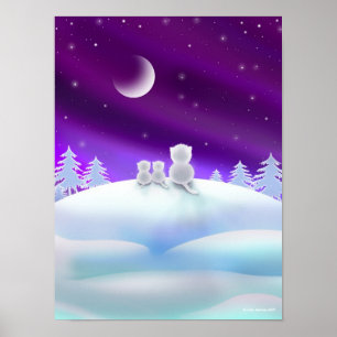 Drei weiße Katzen auf einem Schneehügel Poster