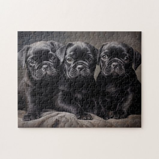 Drei Welpen mit schwarzem Mops Puzzle (Horizontal)