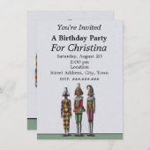 Drei Whimsical Birthday Colorful Jester Dolls Einladung (Vorne/Hinten)