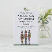 Drei Whimsical Birthday Colorful Jester Dolls Einladung (Stehend Vorderseite)