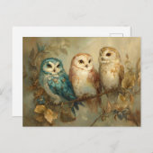 Drei Whimsical Owls auf einer Zweigniederlassung Postkarte (Vorne/Hinten)