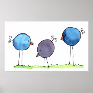 Drei whimsische Wasserfarben-Vögel Poster