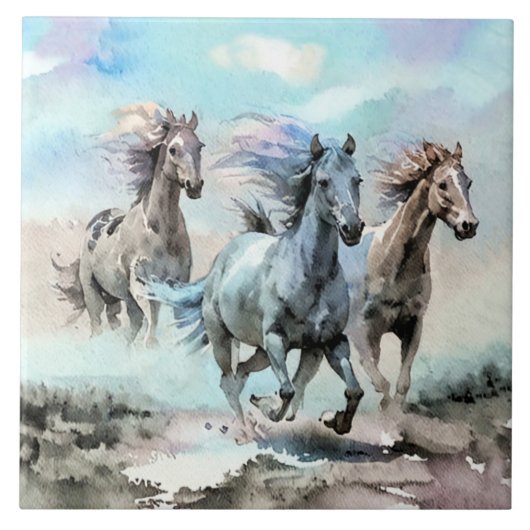 Drei wilde Mustangs rasen über die Ebenen Fliese (Vorderseite)