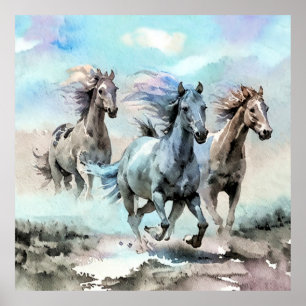 Drei wilde Mustangs rasen über die Ebenen Poster