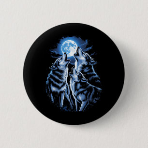 Drei Wolf Heulender Mond Wildtiere Wolf Liebhaber Button