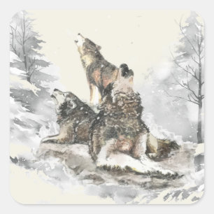 Drei Wölfe heulen Schneesturm Winter Wildtiere Quadratischer Aufkleber