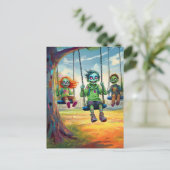 Drei Zombie-Kinder auf Schwung im Herbstpark Postkarte (Stehend Vorderseite)