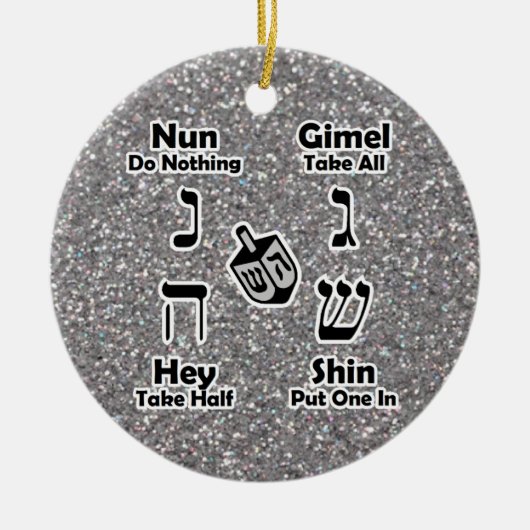 Dreidel Instructions Happy Hanukkah Silver Glitzer Keramikornament (Vorne)
