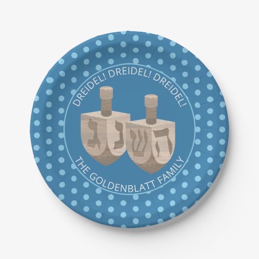 Dreidel-Rustikales Eak Niedlich Polka Dot Hanukkah Pappteller (Vorderseite)