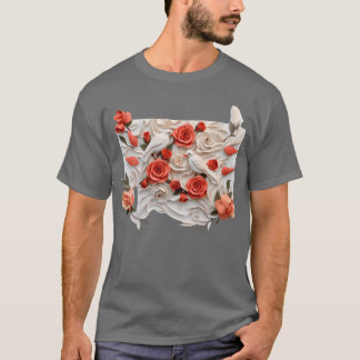 Dreidimensionale Rose und Vogelmädchen T-Shirt