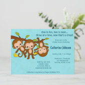 DREIERGRUPPE Monkeys Babyparty-Einladungen BLAUES Einladung (Stehend Vorderseite)