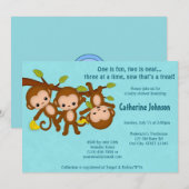 DREIERGRUPPE Monkeys Babyparty-Einladungen BLAUES Einladung (Vorne/Hinten)