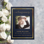 Dreifach-Beerdigungsprogramm des dunkelblauen Foto Dreifach Gefaltete Ankündigung