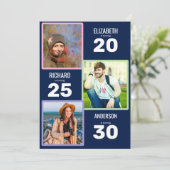 Dreifach Foto Blau und Silber Gemeinsame Geburtsta Einladung (Stehend Vorderseite)