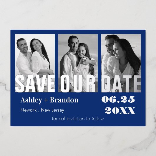 Dreifach Foto Blau, Weiß, echt Folieneinladung (Vorderseite)