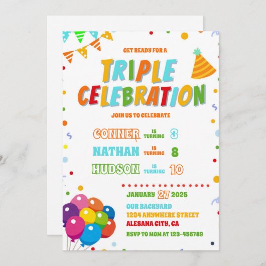 Dreifach Geburtstag Einladung Geschwister Gemeinsa (Vorne/Hinten)