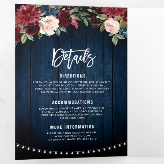 Dreifach-Hochzeit von Burgundy Red Navy Dreifach Gefaltete Ankündigung (Innen Erste Seite)