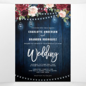 Dreifach-Hochzeit von Burgundy Red Navy Dreifach Gefaltete Ankündigung (Innenseite Mitte)