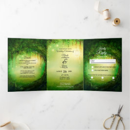 Dreifach-Hochzeitsprogramm für verzauberte Waldwäl Dreifach Gefaltete Einladung
