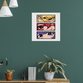 Dreifache Anime-Manga-Augen Blond Rot Blau Poster