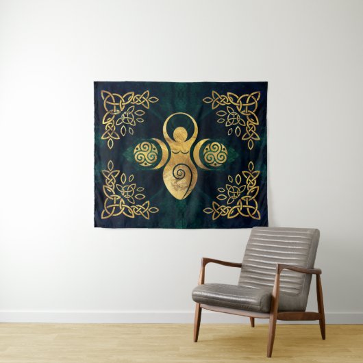 Dreifache Göttin mit triskele - Gold und grünes Ba Wandteppich (Beispiel (Horizontal))