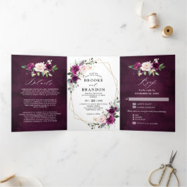 Dreifache Hochzeit von Navy White Ivory Geometric Dreifach-gefaltete Programmkarte