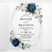 Dreifache Hochzeit von Navy White Ivory Geometric Dreifach-gefaltete Programmkarte (Innenseite Mitte)