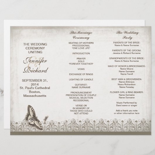 Dreifaches elegantes Hochzeitsprogramm (Vorne/Hinten)