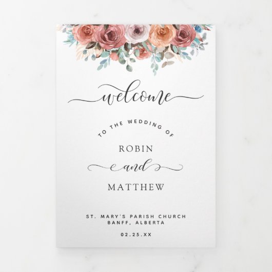 dreifaches Hochzeitsprogramm und Wasserfarbenzeits Dreifach Gefaltete Karte (Cover)