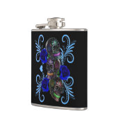 Dreifachschwarzer Tag der Toten Schädel Blaue Rose Flachmann (Links)