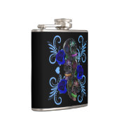 Dreifachschwarzer Tag der Toten Schädel Blaue Rose Flachmann (Rechts)