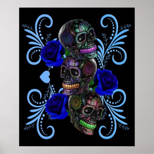 Dreifachschwarzer Tag der Toten Schädel Blaue Rose Poster (Vorne)