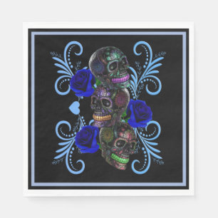 Dreifachschwarzer Tag der Toten Schädel Blaue Rose Serviette