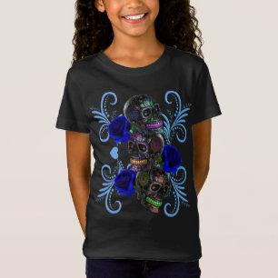 Dreifachschwarzer Tag der Toten Schädel Blaue Rose T-Shirt