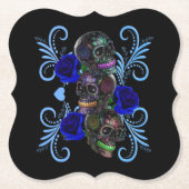 Dreifachschwarzer Tag der Toten Schädel Blaue Rose Untersetzer (Vorderseite)