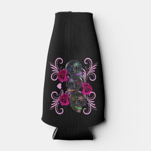 Dreifachschwarzer Tag der Toten Schädel Rosenstein Flaschenkühler (Vorderseite)