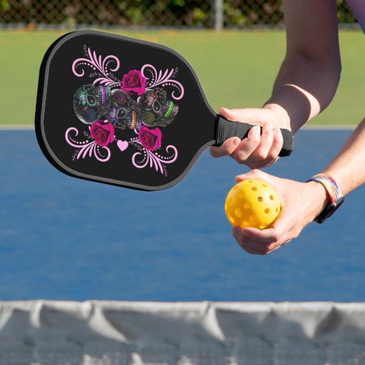 Dreifachschwarzer Tag der Toten Schädel Rosenstein Pickleball Schläger (InSitu)