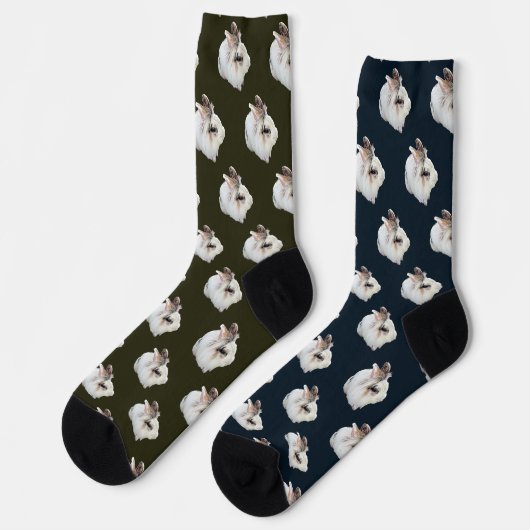 Dreifarben-Löwenkopfkaninchen Socken (Linkes Detail)