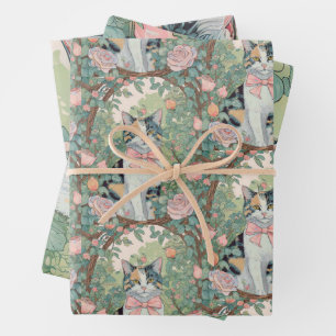 Dreifarbig Katze im Garten mit Blumen Geschenkpapier Set