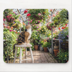 Dreifarbige Katze auf einem Hocker im Gewächshaus Mousepad