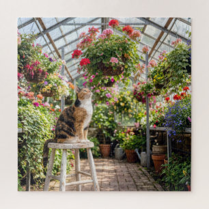 Dreifarbige Katze auf einem Hocker im Gewächshaus Puzzle