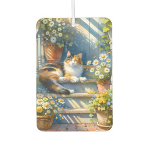 Dreifarbige Katze auf floraler Veranda Cottagecore Autolufterfrischer